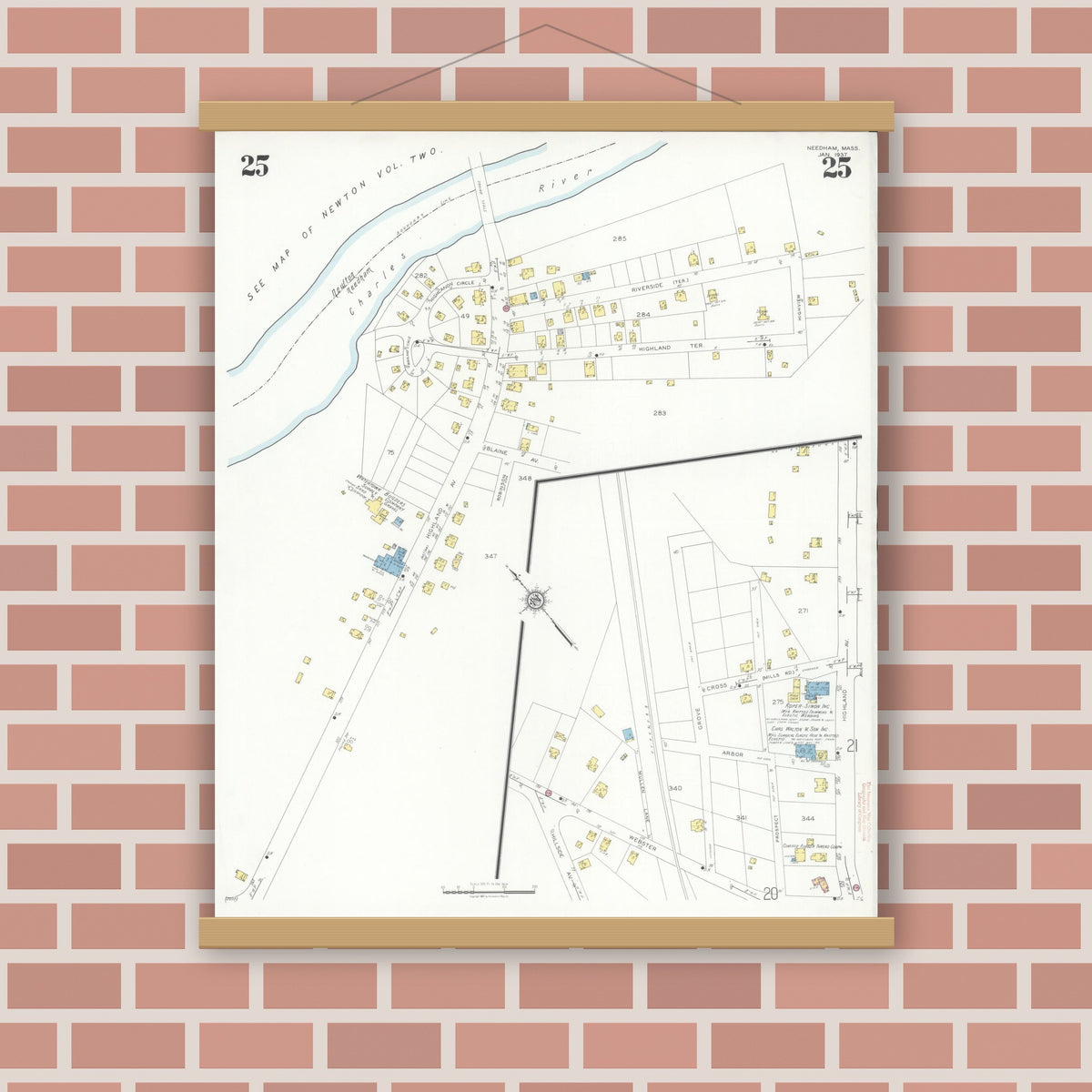 Old map wall art mockup — magnetic wood frame on brick wall — Sanborn Fire Insurance Map from Needham, Norfolk County, Massachusetts (1937), Sheet #0025