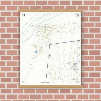 Old map wall art mockup — magnetic wood frame on brick wall — Sanborn Fire Insurance Map from Needham, Norfolk County, Massachusetts (1937), Sheet #0025