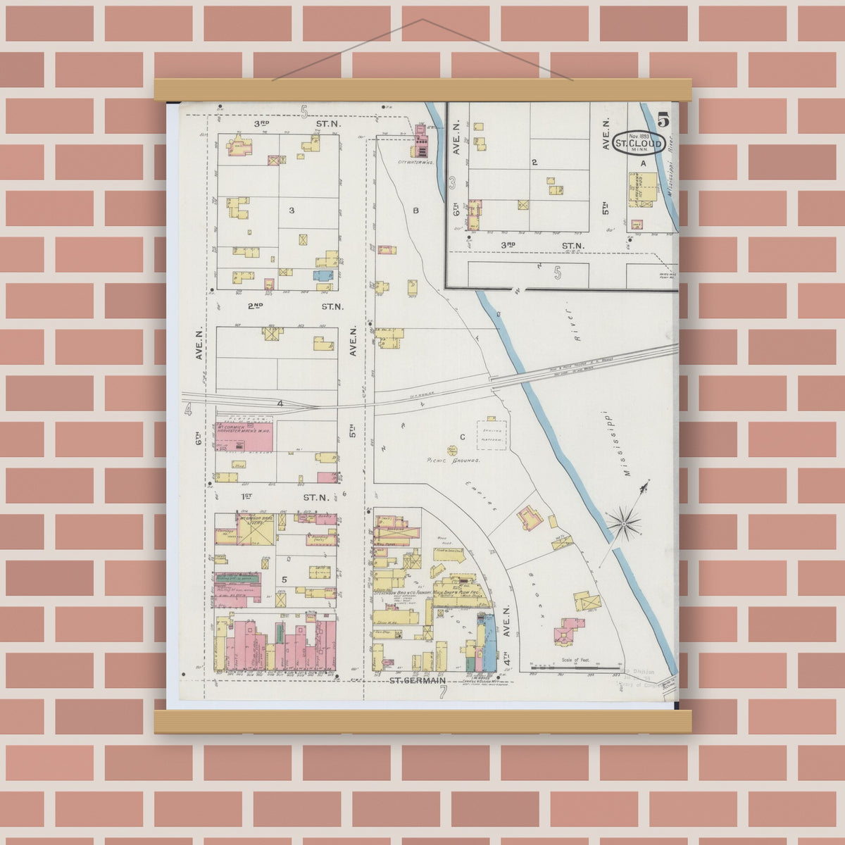 Old map wall art mockup — magnetic wood frame on brick wall — Sanborn Fire Insurance Map from Saint Cloud, Stearns, Benton, and Sherburne Counties, Minnesota (1893), Sheet #0005