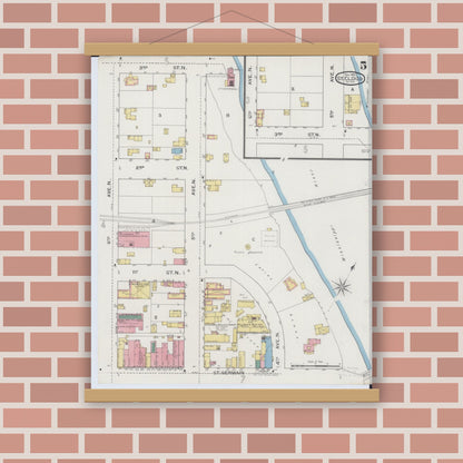 Old map wall art mockup — magnetic wood frame on brick wall — Sanborn Fire Insurance Map from Saint Cloud, Stearns, Benton, and Sherburne Counties, Minnesota (1893), Sheet #0005