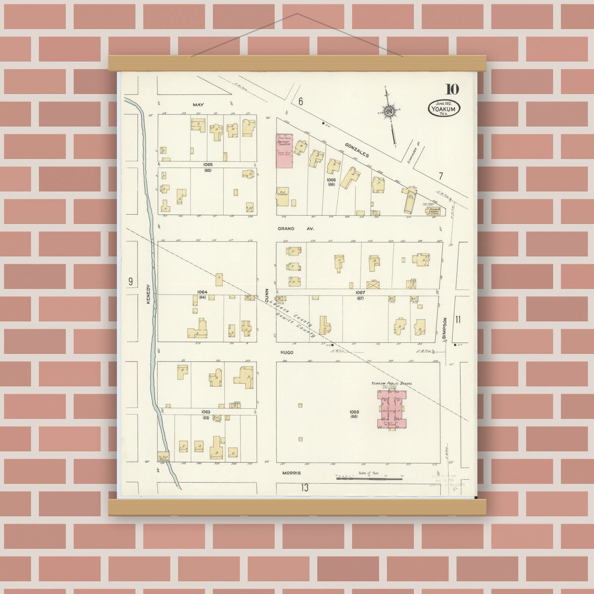 Old map wall art mockup — magnetic wood frame on brick wall — Sanborn Fire Insurance Map from Yoakum, De Witt And Lavaca Counties, Texas (1912), Sheet #0010