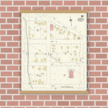 Old map wall art mockup — magnetic wood frame on brick wall — Sanborn Fire Insurance Map from Yoakum, De Witt And Lavaca Counties, Texas (1912), Sheet #0010
