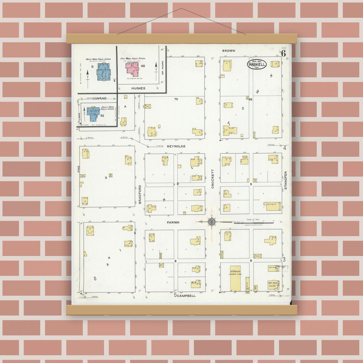 Old map wall art mockup — magnetic wood frame on brick wall — Sanborn Fire Insurance Map from Haskell, Haskell County, Texas (1921), Sheet #0006