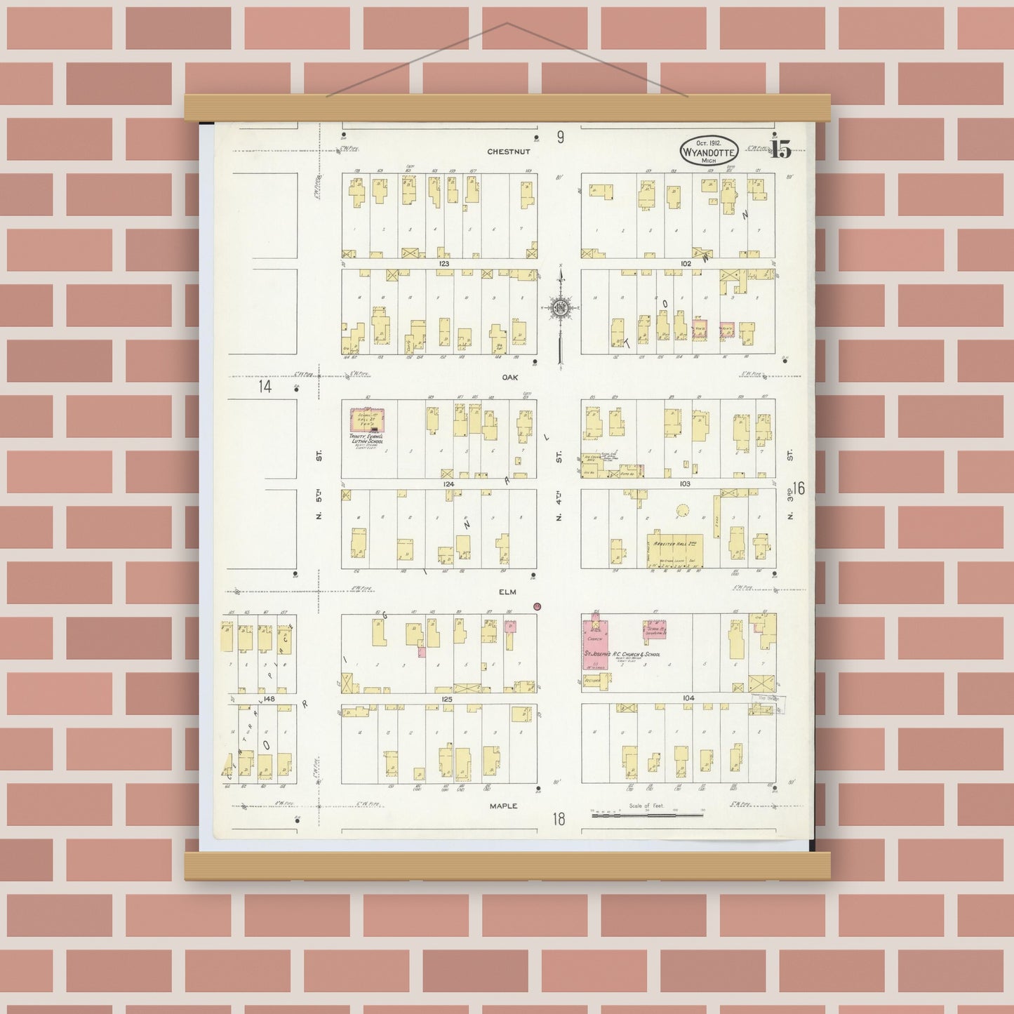 Old map wall art mockup — magnetic wood frame on brick wall — Sanborn Fire Insurance Map from Wyandotte, Wayne County, Michigan (1912), Sheet #0015