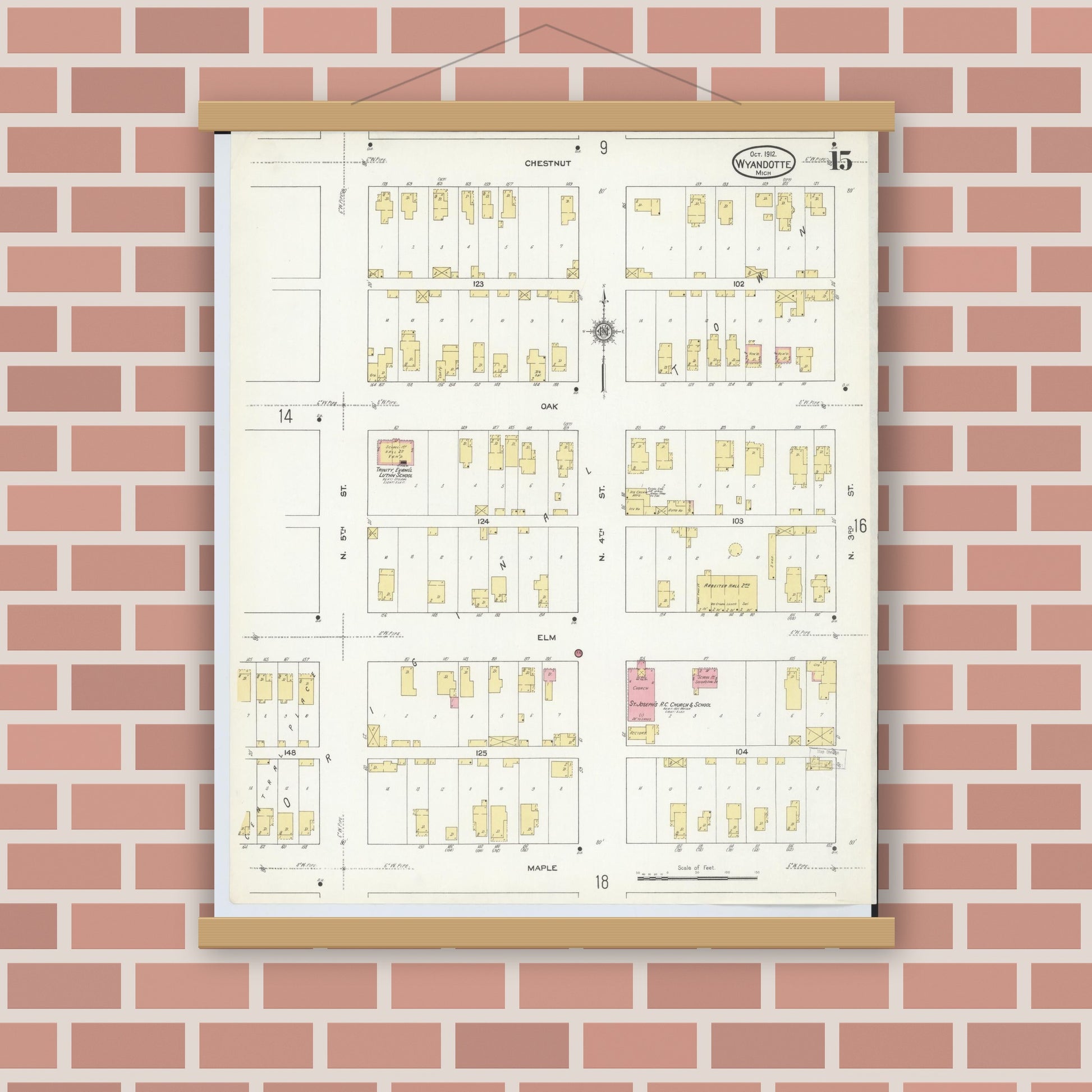 Old map wall art mockup — magnetic wood frame on brick wall — Sanborn Fire Insurance Map from Wyandotte, Wayne County, Michigan (1912), Sheet #0015
