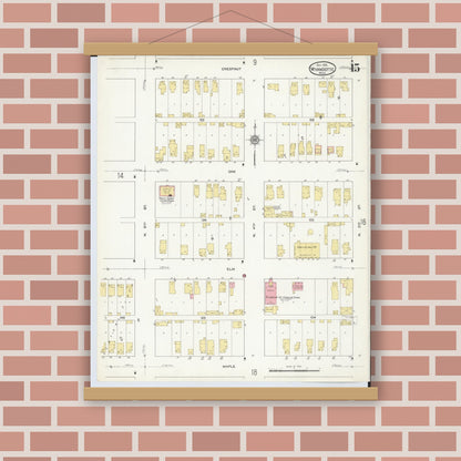 Old map wall art mockup — magnetic wood frame on brick wall — Sanborn Fire Insurance Map from Wyandotte, Wayne County, Michigan (1912), Sheet #0015