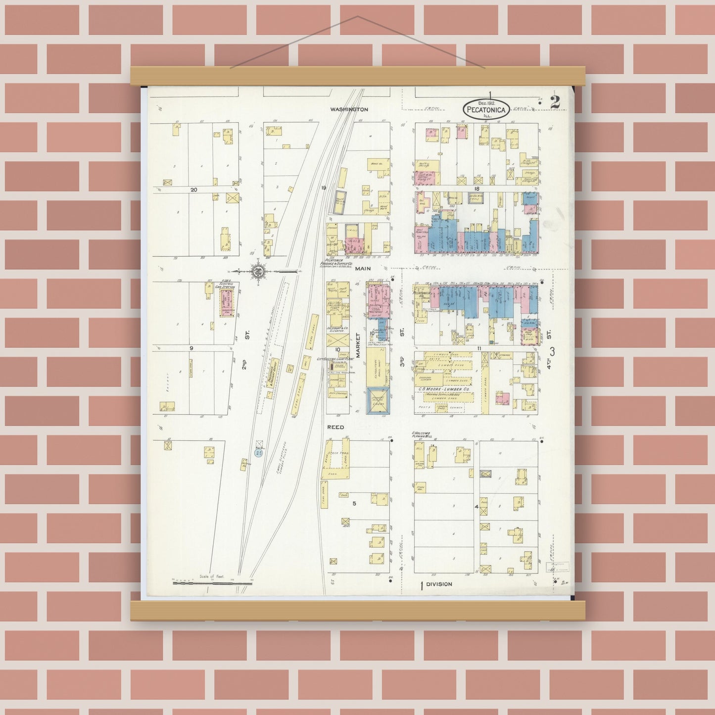 Old map wall art mockup — magnetic wood frame on brick wall — Sanborn Fire Insurance Map from Pecatonica, Winnebago County, Illinois (1912), Sheet #0002