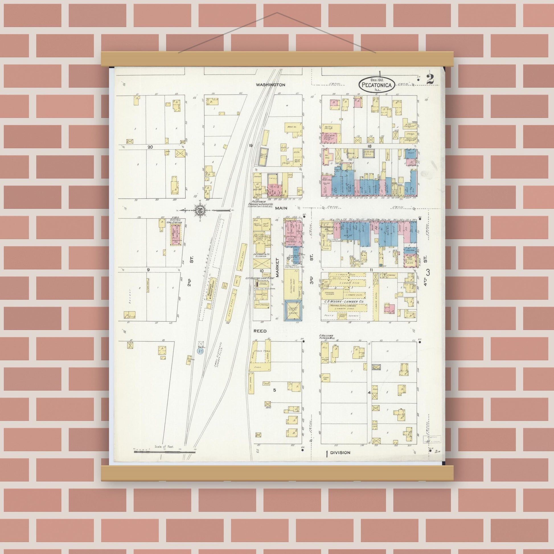 Old map wall art mockup — magnetic wood frame on brick wall — Sanborn Fire Insurance Map from Pecatonica, Winnebago County, Illinois (1912), Sheet #0002