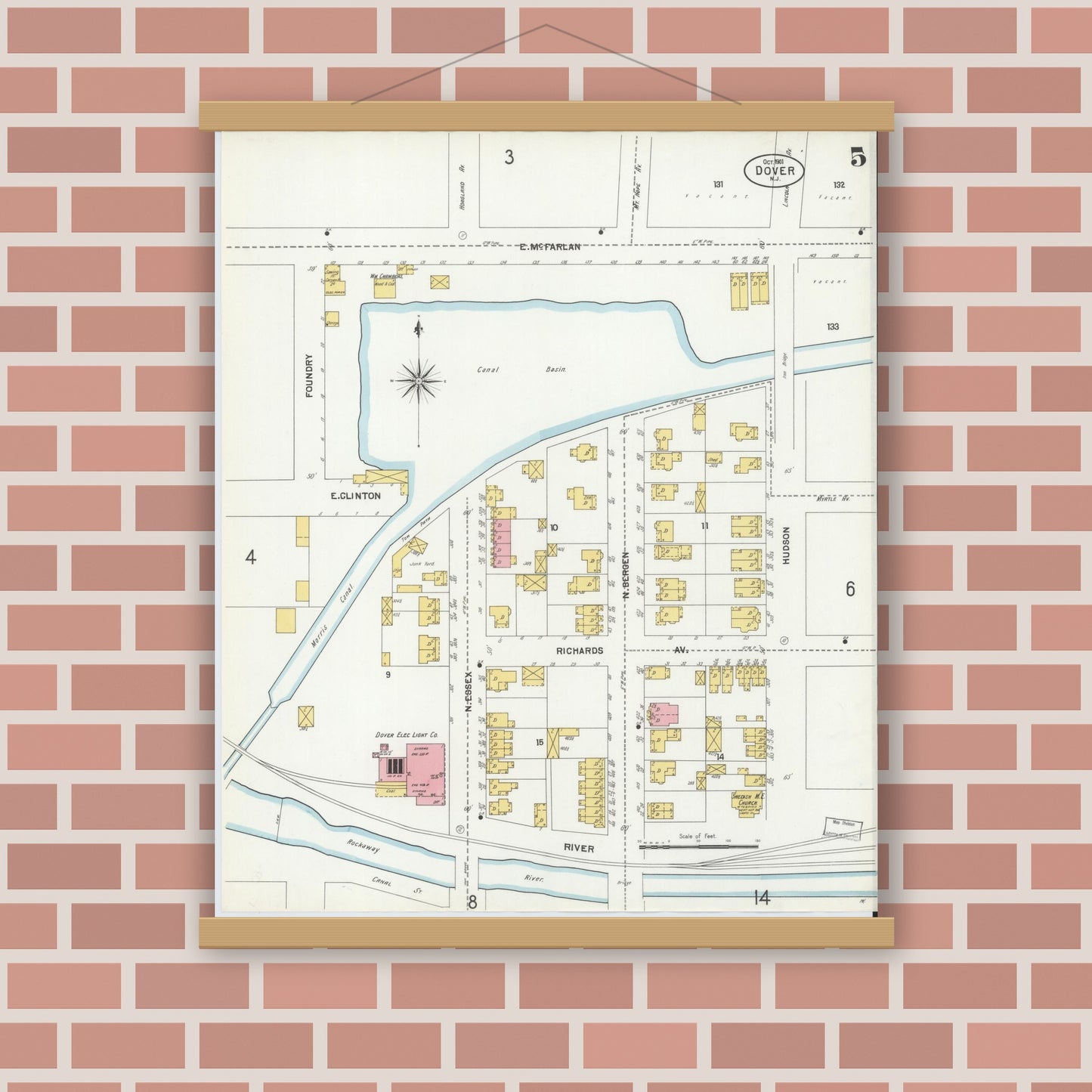 Old map wall art mockup — magnetic wood frame on brick wall — Sanborn Fire Insurance Map from Dover, Morris County, New Jersey (1900), Sheet #0005