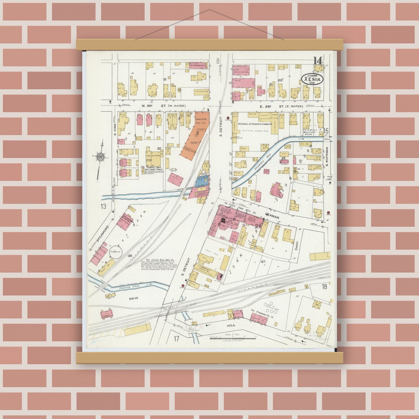 Old map wall art mockup — magnetic wood frame on brick wall — Sanborn Fire Insurance Map from Xenia, Greene County, Ohio (1919), Sheet #0014