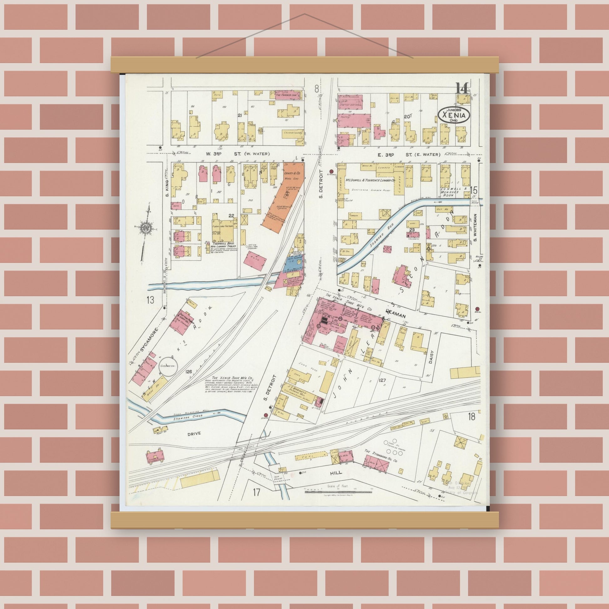 Old map wall art mockup — magnetic wood frame on brick wall — Sanborn Fire Insurance Map from Xenia, Greene County, Ohio (1919), Sheet #0014