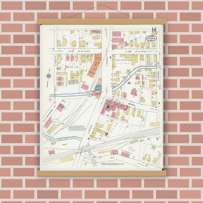 Old map wall art mockup — magnetic wood frame on brick wall — Sanborn Fire Insurance Map from Xenia, Greene County, Ohio (1919), Sheet #0014