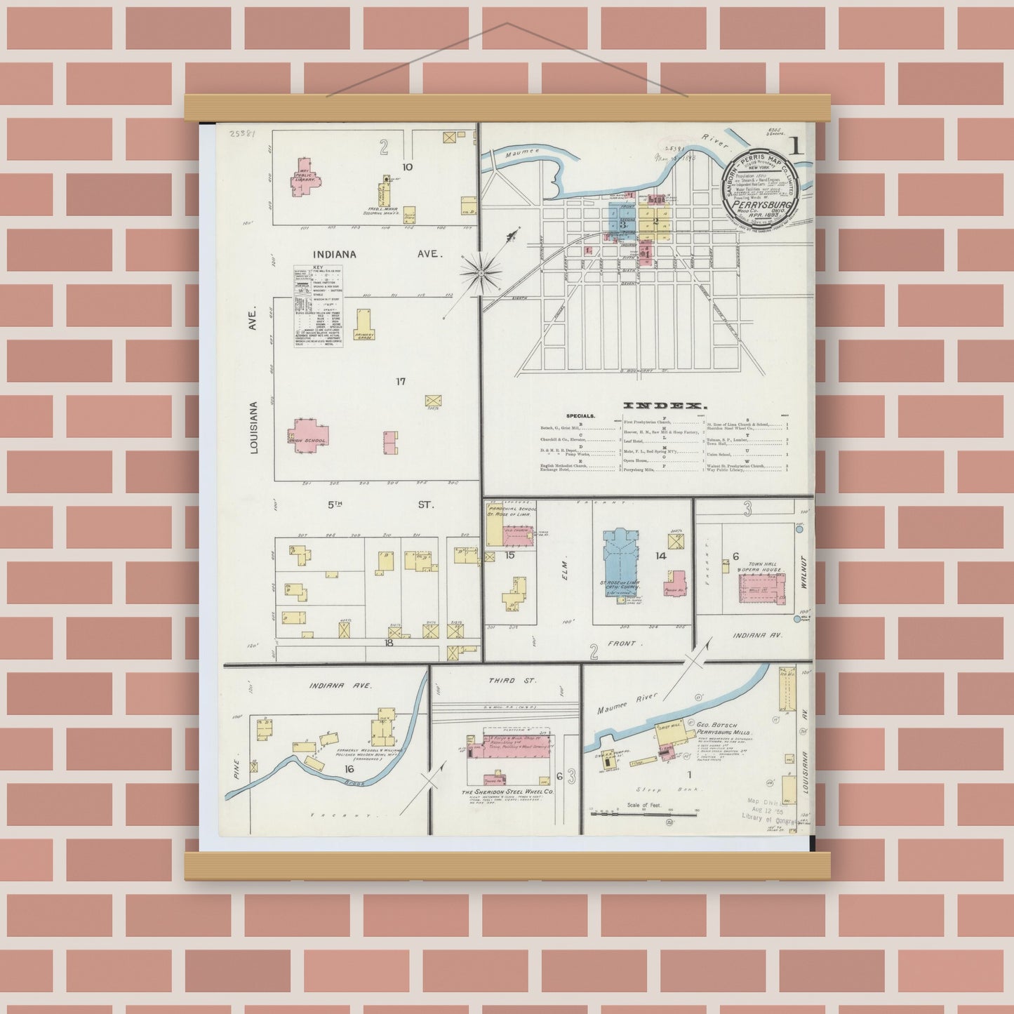 Old map wall art mockup — magnetic wood frame on brick wall — Sanborn Fire Insurance Map from Perrysburg, Wood County, Ohio (1893) - Complete Map Set