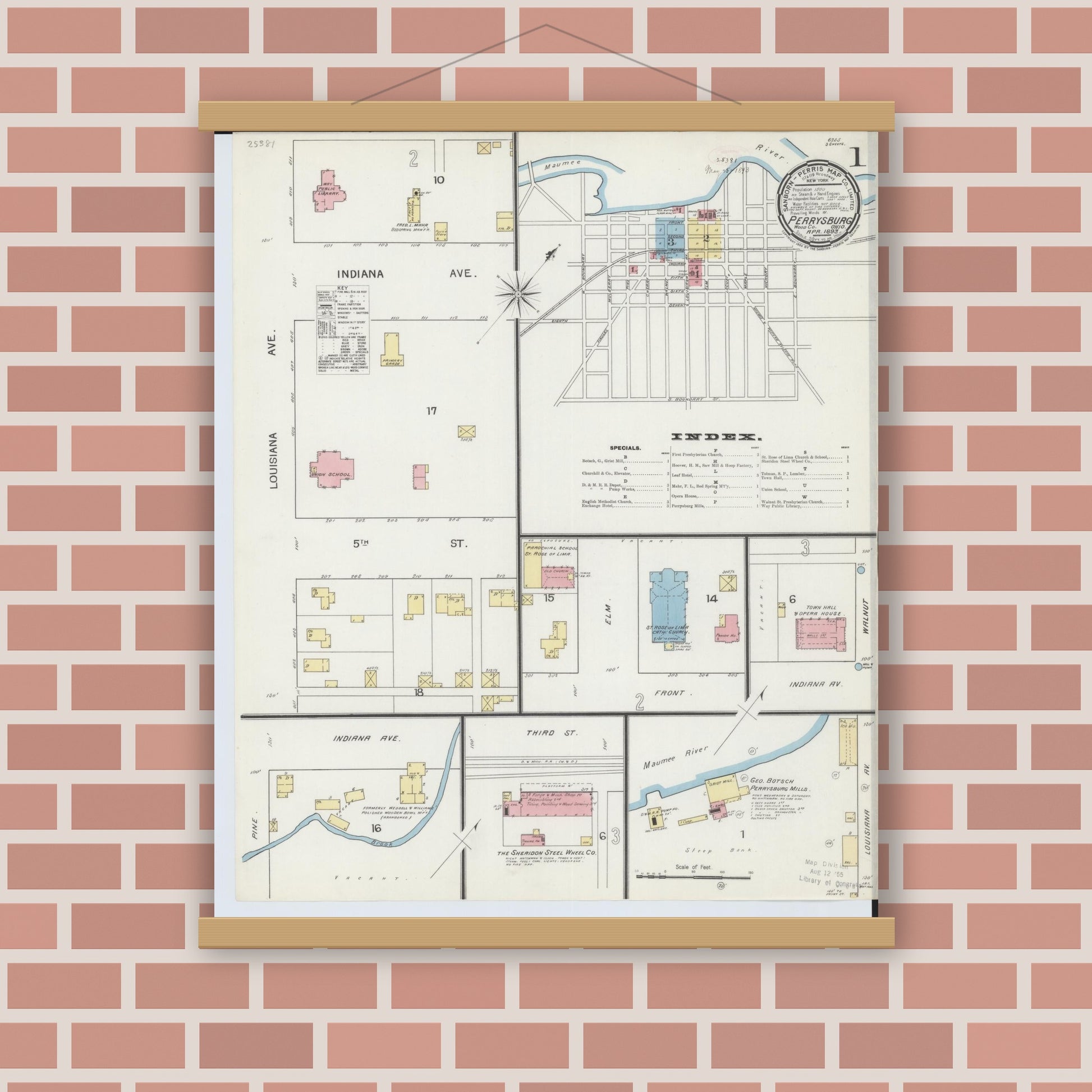 Old map wall art mockup — magnetic wood frame on brick wall — Sanborn Fire Insurance Map from Perrysburg, Wood County, Ohio (1893) - Complete Map Set