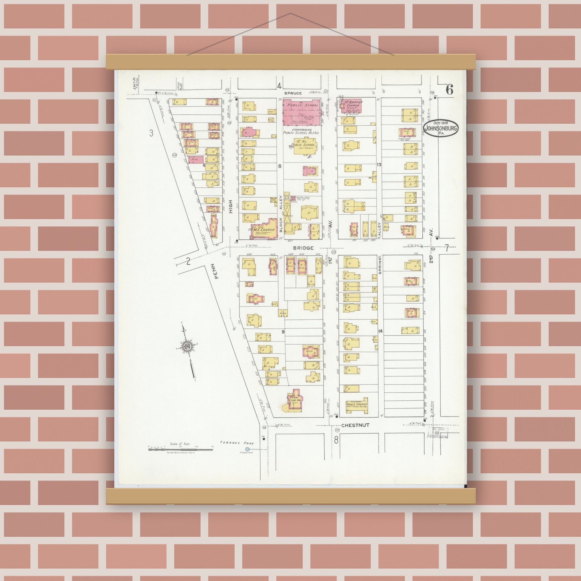 Old map wall art mockup — magnetic wood frame on brick wall — Sanborn Fire Insurance Map from Johnsonburg, Elk County, Pennsylvania (1919), Sheet #0006