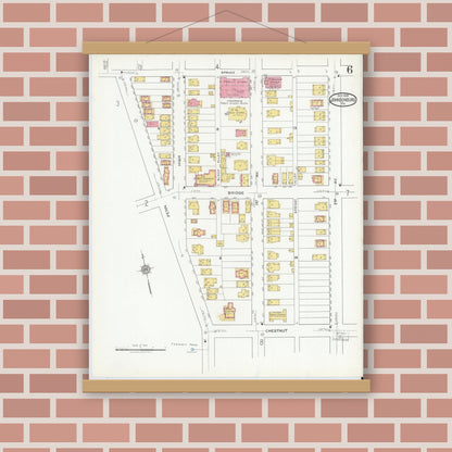 Old map wall art mockup — magnetic wood frame on brick wall — Sanborn Fire Insurance Map from Johnsonburg, Elk County, Pennsylvania (1919), Sheet #0006