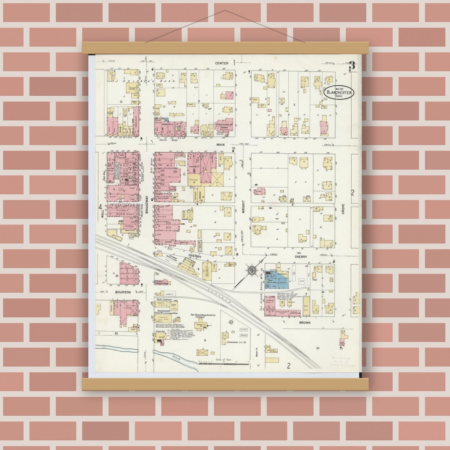 Old map wall art mockup — magnetic wood frame on brick wall — Sanborn Fire Insurance Map from Blanchester, Clinton County, Ohio (1911), Sheet #0003