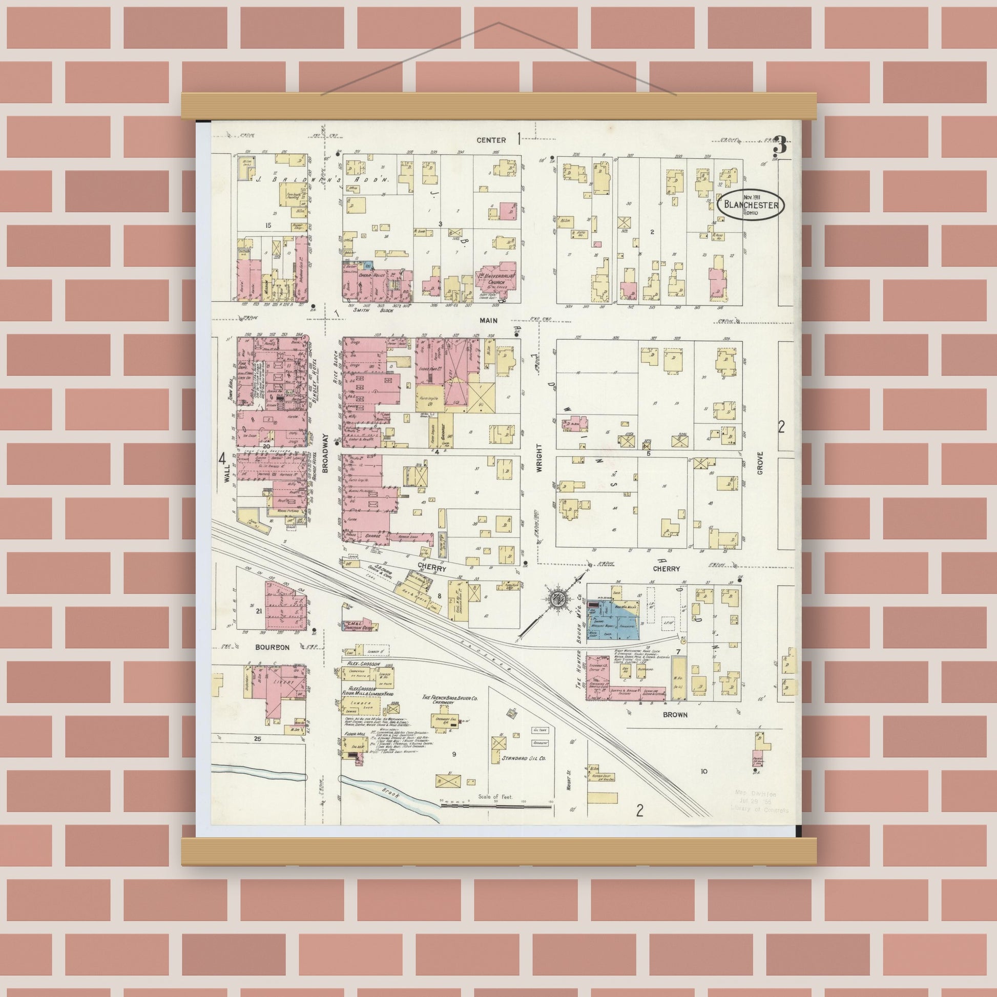 Old map wall art mockup — magnetic wood frame on brick wall — Sanborn Fire Insurance Map from Blanchester, Clinton County, Ohio (1911), Sheet #0003