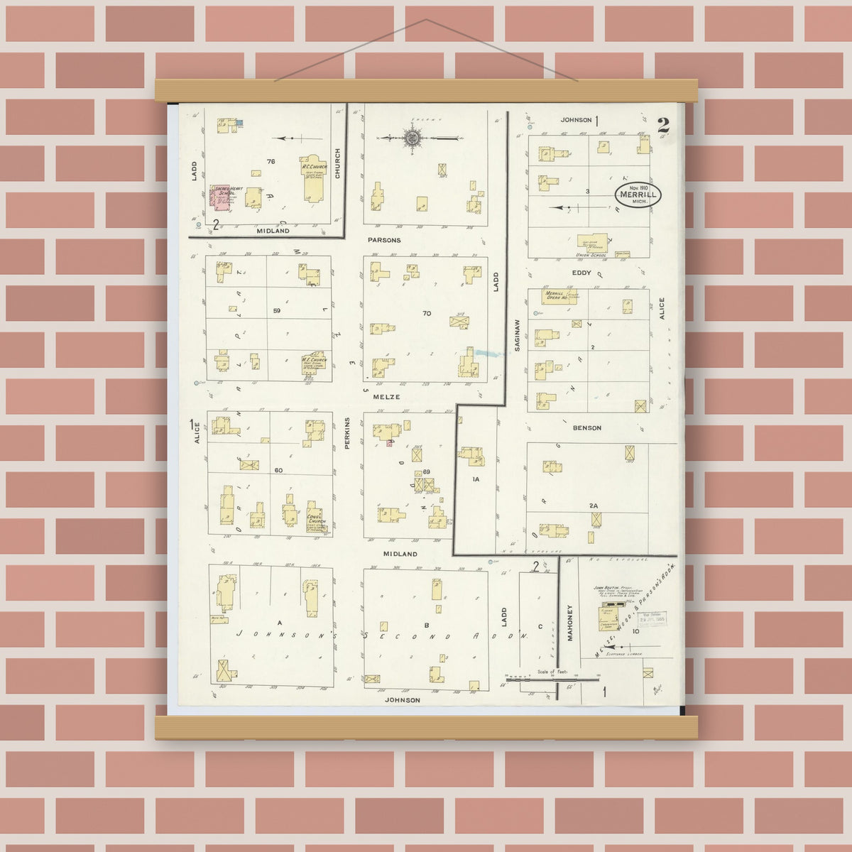 Old map wall art mockup — magnetic wood frame on brick wall — Sanborn Fire Insurance Map from Merrill, Saginaw County, Michigan (1910), Sheet #0002