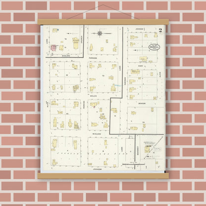 Old map wall art mockup — magnetic wood frame on brick wall — Sanborn Fire Insurance Map from Merrill, Saginaw County, Michigan (1910), Sheet #0002