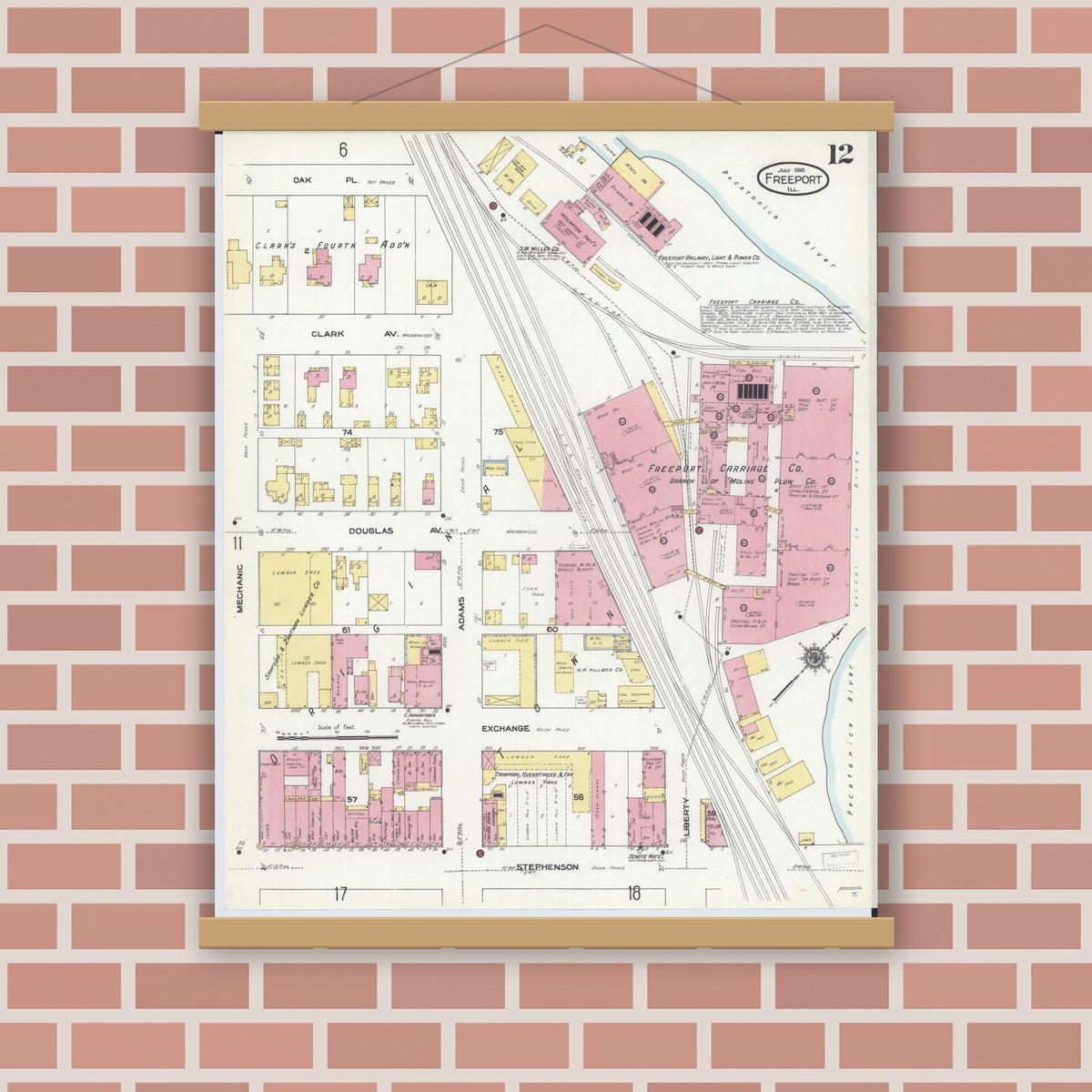 Old map wall art mockup — magnetic wood frame on brick wall — Sanborn Fire Insurance Map from Freeport, Stephenson County, Illinois (1910), Sheet #0012