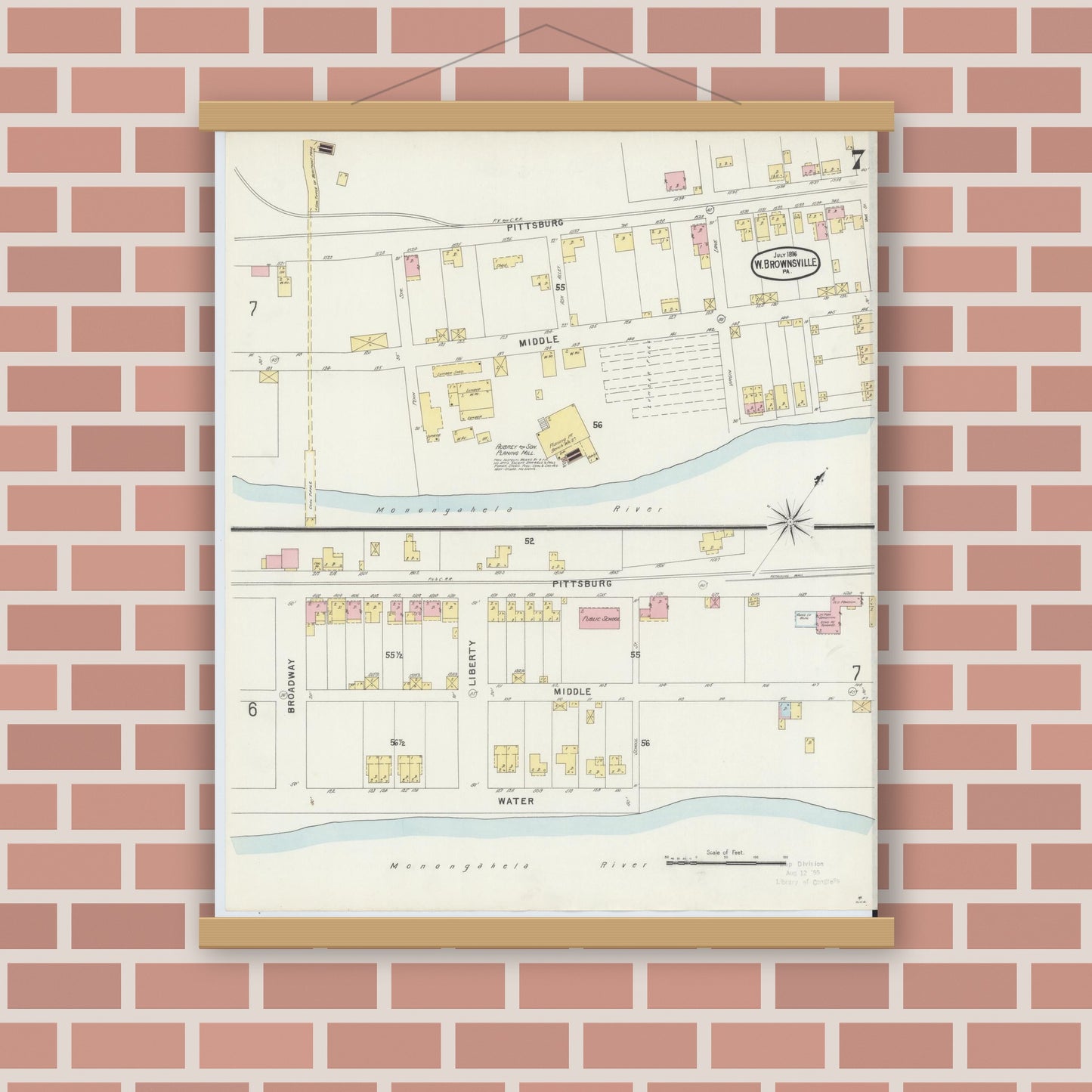 Old map wall art mockup — magnetic wood frame on brick wall — Sanborn Fire Insurance Map from Brownsville, Fayette County, Pennsylvania (1896), Sheet #0007