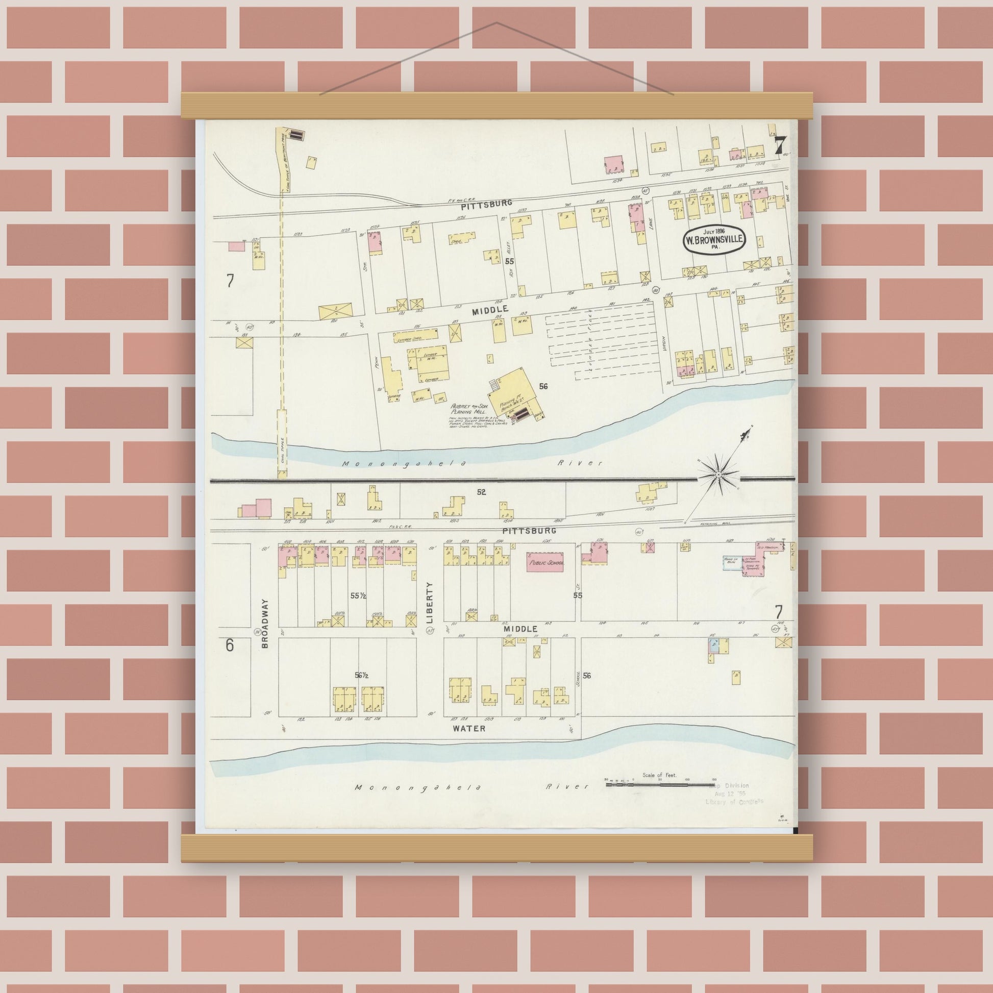 Old map wall art mockup — magnetic wood frame on brick wall — Sanborn Fire Insurance Map from Brownsville, Fayette County, Pennsylvania (1896), Sheet #0007