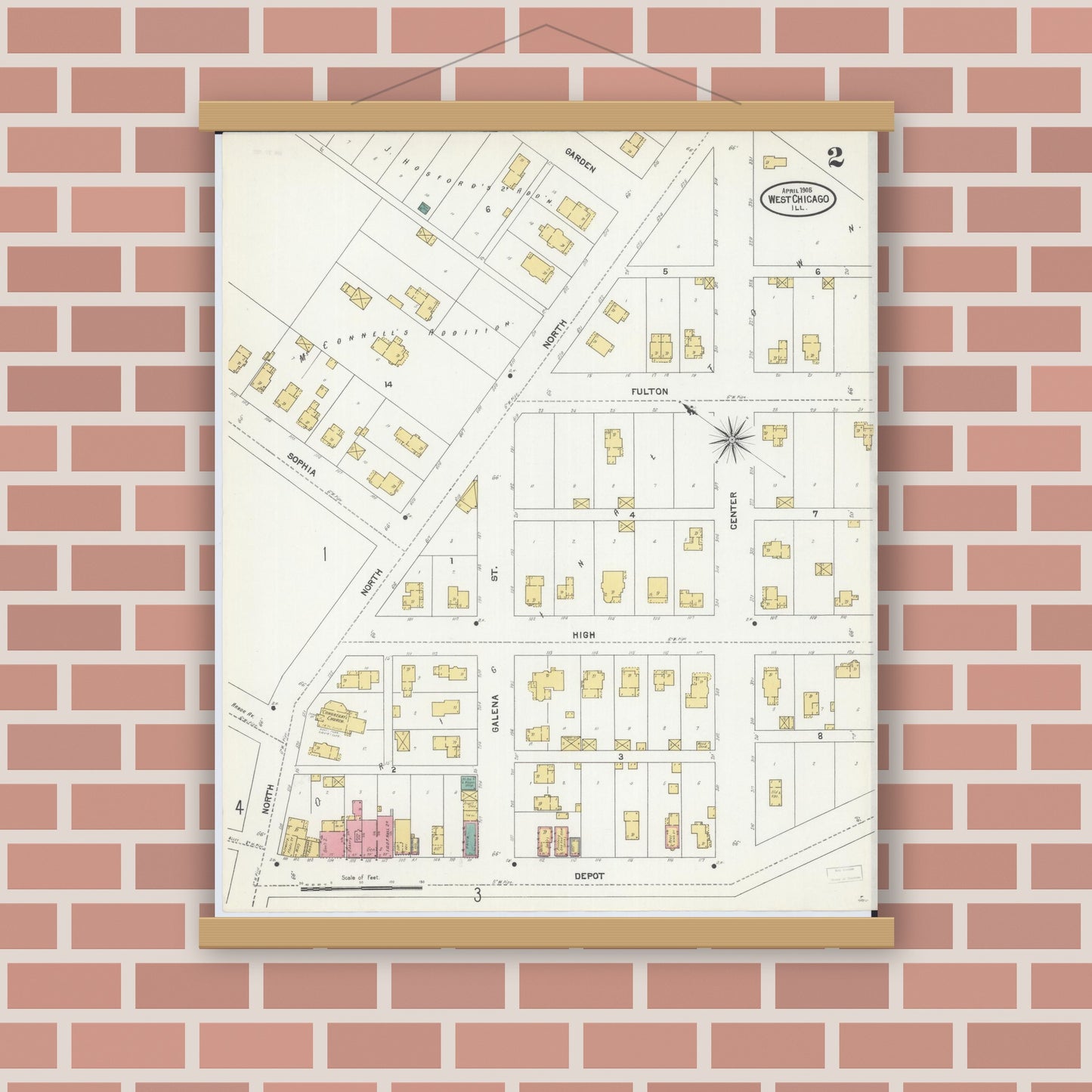 Old map wall art mockup — magnetic wood frame on brick wall — Sanborn Fire Insurance Map from West Chicago, Du Page County, Illinois (1905), Sheet #0002