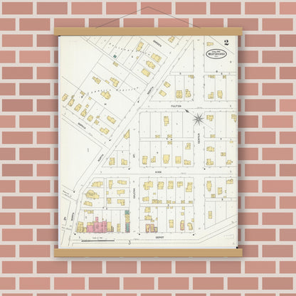 Old map wall art mockup — magnetic wood frame on brick wall — Sanborn Fire Insurance Map from West Chicago, Du Page County, Illinois (1905), Sheet #0002