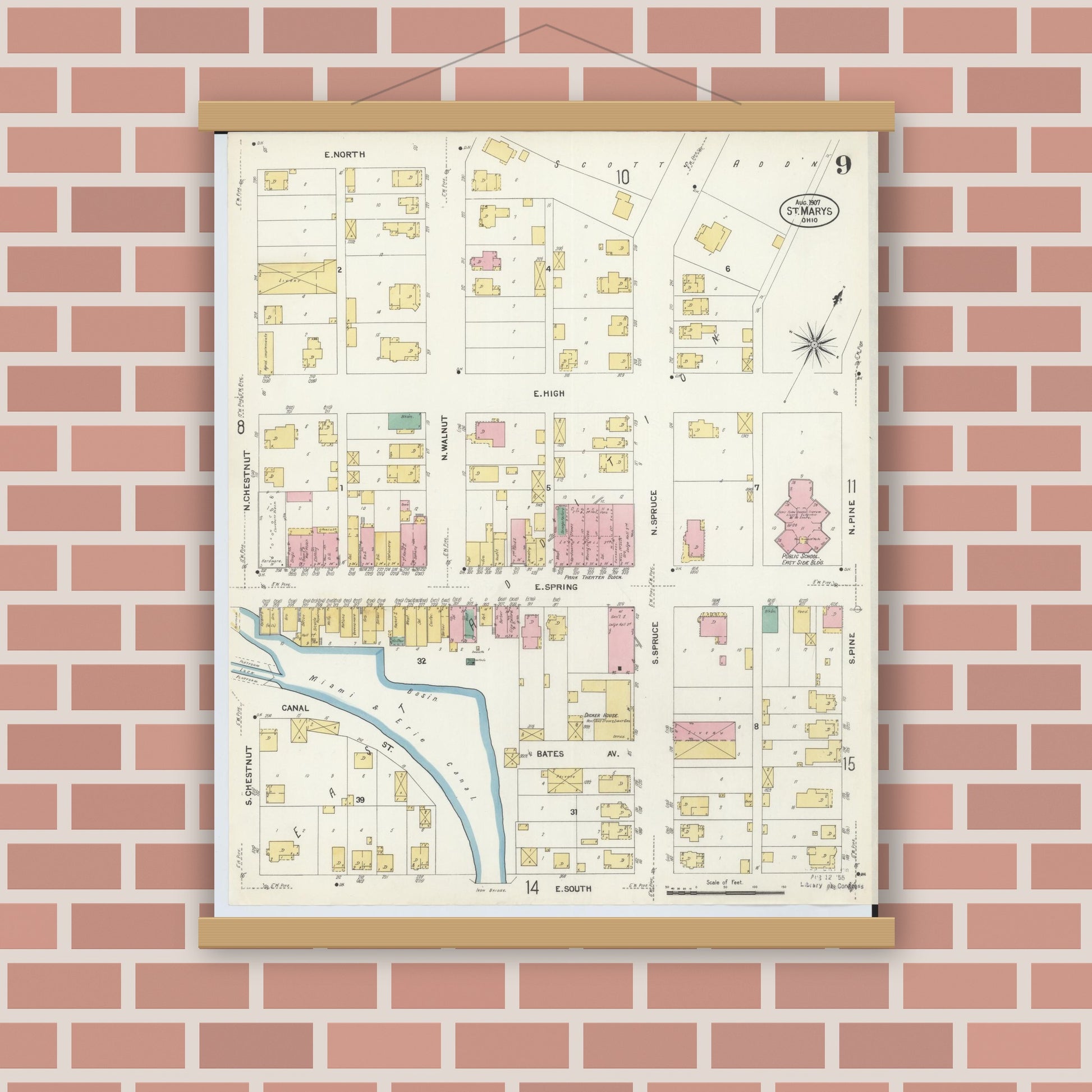 Old map wall art mockup — magnetic wood frame on brick wall — Sanborn Fire Insurance Map from Saint Marys, Auglaize County, Ohio (1907), Sheet #0009