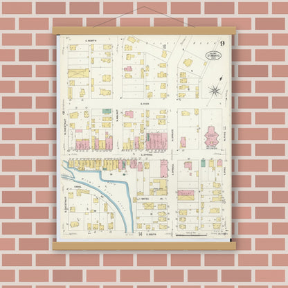 Old map wall art mockup — magnetic wood frame on brick wall — Sanborn Fire Insurance Map from Saint Marys, Auglaize County, Ohio (1907), Sheet #0009