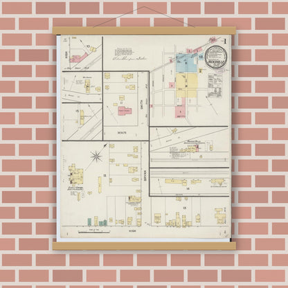 Old map wall art mockup — magnetic wood frame on brick wall — Sanborn Fire Insurance Map from Hicksville, Defiance County, Ohio (1887) - Complete Map Set
