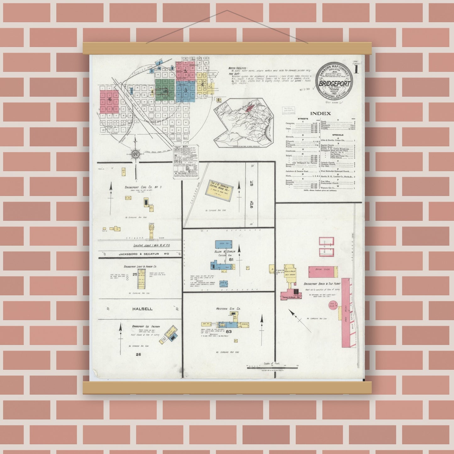 Old map wall art mockup — magnetic wood frame on brick wall — Sanborn Fire Insurance Map from Bridgeport, Wise County, Texas (1921), Sheet #0001