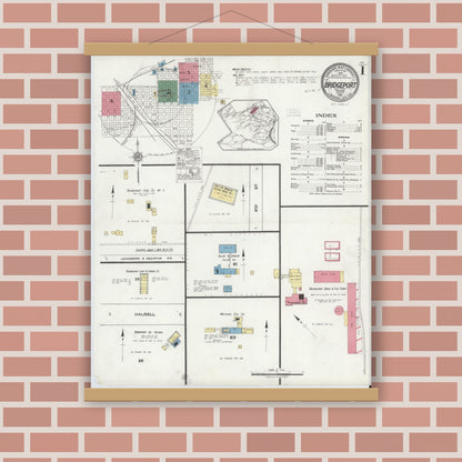 Old map wall art mockup — magnetic wood frame on brick wall — Sanborn Fire Insurance Map from Bridgeport, Wise County, Texas (1921), Sheet #0001