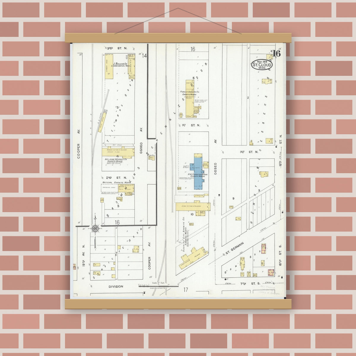 Old map wall art mockup — magnetic wood frame on brick wall — Sanborn Fire Insurance Map from Saint Cloud, Stearns, Benton, and Sherburne Counties, Minnesota (1919), Sheet #0016