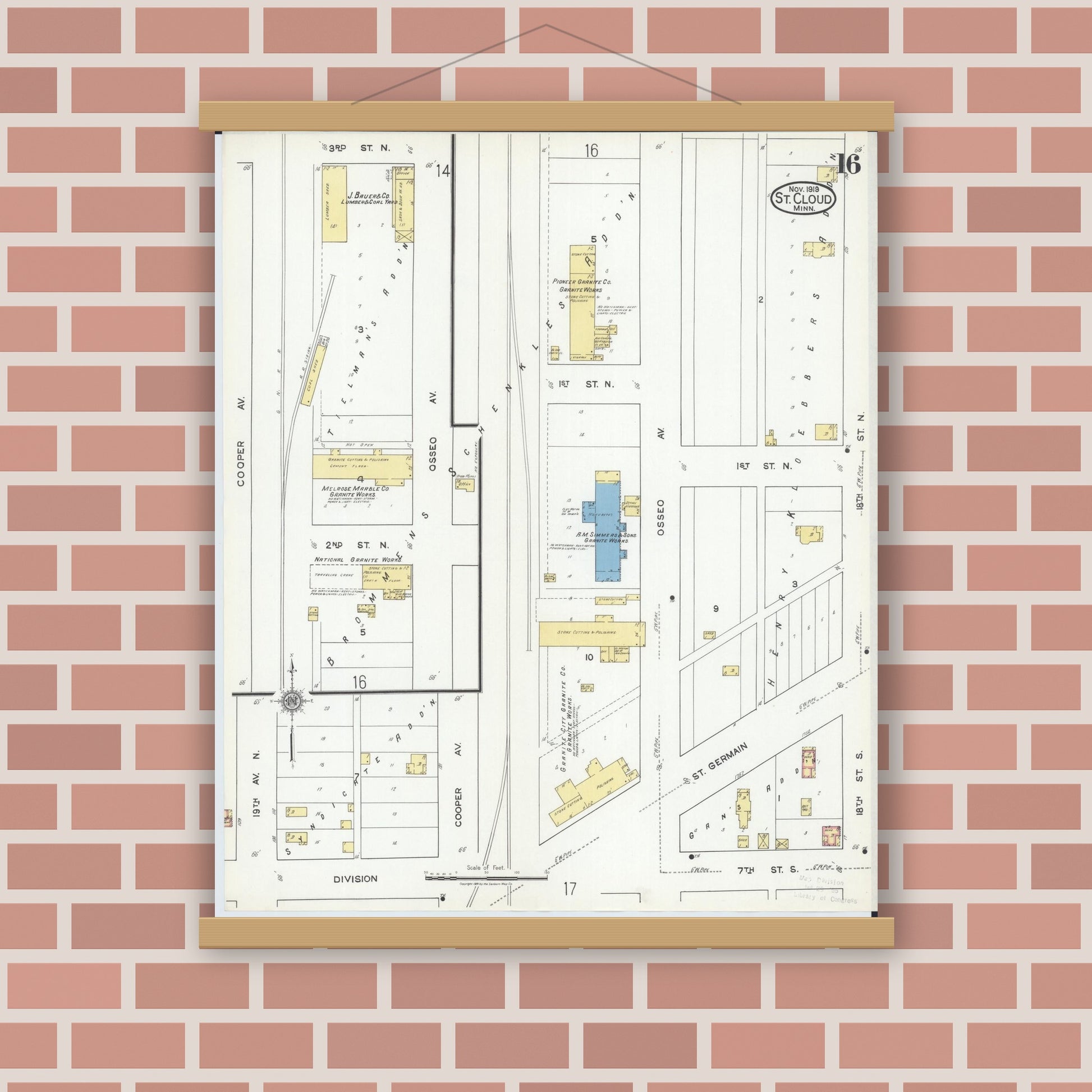 Old map wall art mockup — magnetic wood frame on brick wall — Sanborn Fire Insurance Map from Saint Cloud, Stearns, Benton, and Sherburne Counties, Minnesota (1919), Sheet #0016