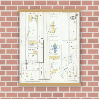 Old map wall art mockup — magnetic wood frame on brick wall — Sanborn Fire Insurance Map from Saint Cloud, Stearns, Benton, and Sherburne Counties, Minnesota (1919), Sheet #0016