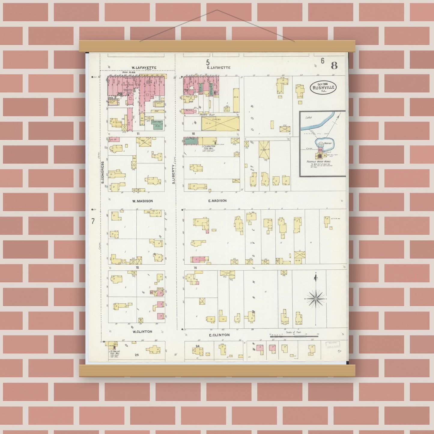 Old map wall art mockup — magnetic wood frame on brick wall — Sanborn Fire Insurance Map from Rushville, Schuyler County, Illinois (1906), Sheet #0008