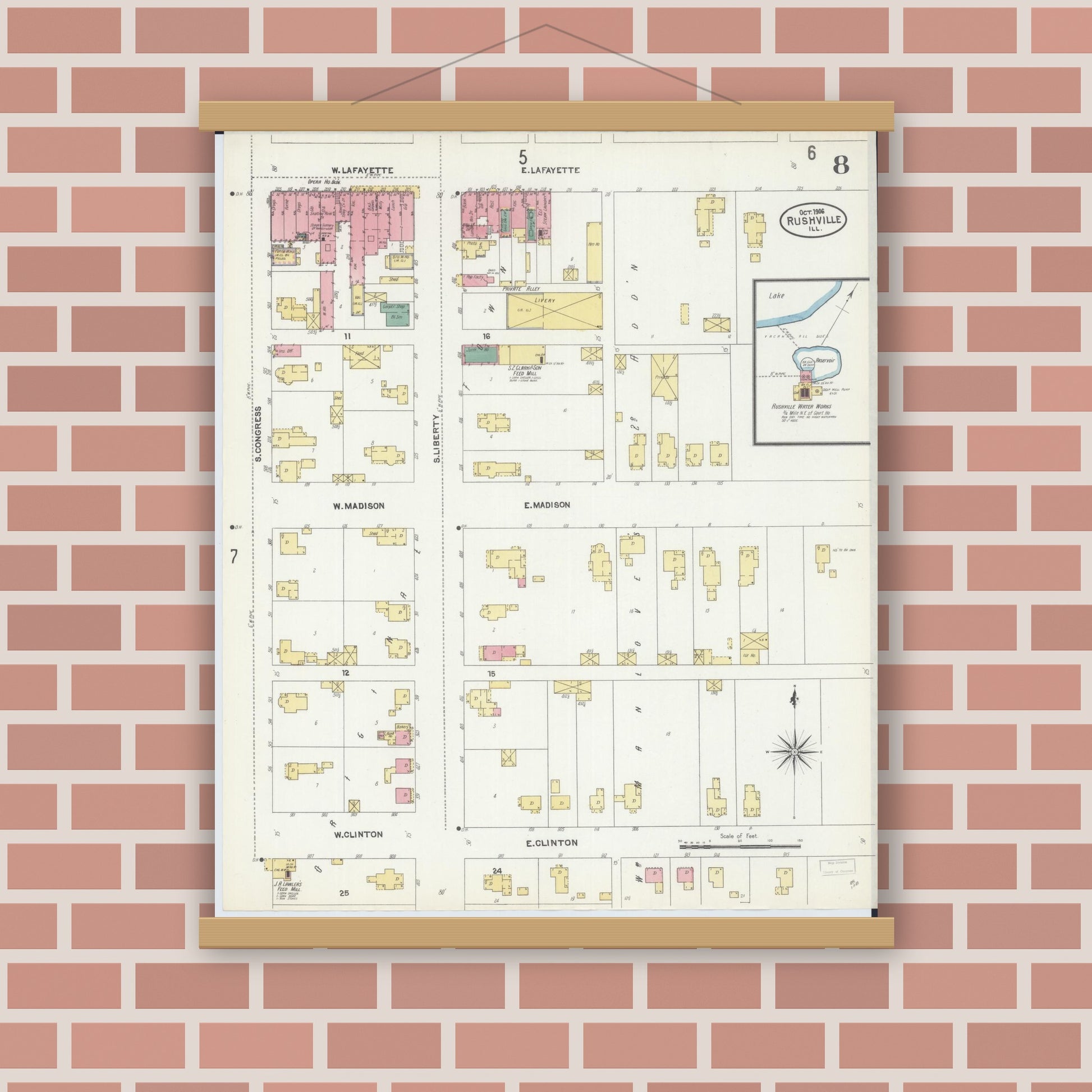 Old map wall art mockup — magnetic wood frame on brick wall — Sanborn Fire Insurance Map from Rushville, Schuyler County, Illinois (1906), Sheet #0008