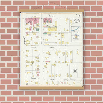 Old map wall art mockup — magnetic wood frame on brick wall — Sanborn Fire Insurance Map from Rushville, Schuyler County, Illinois (1906), Sheet #0008
