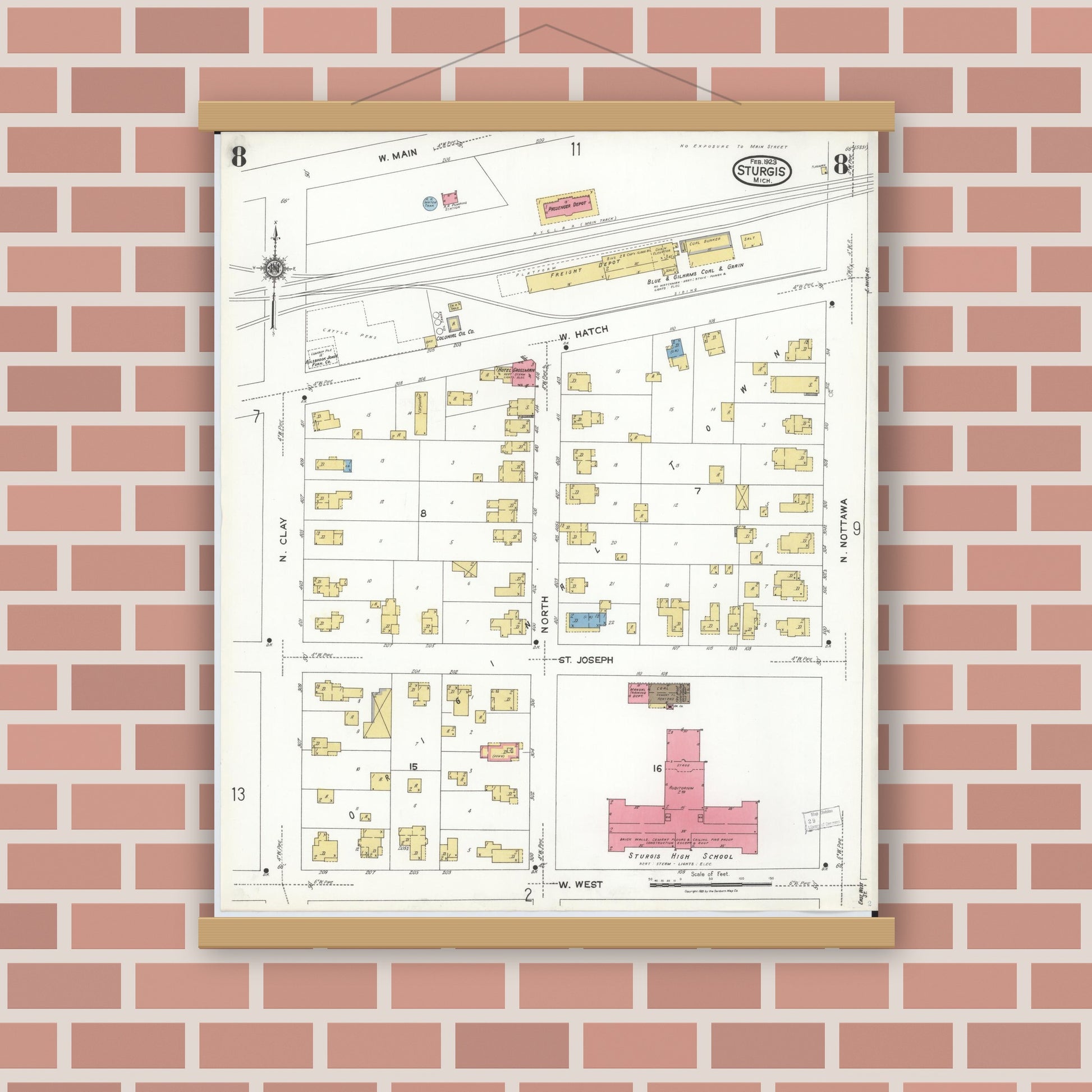 Old map wall art mockup — magnetic wood frame on brick wall — Sanborn Fire Insurance Map from Sturgis, Saint Joseph County, Michigan (1923), Sheet #0008