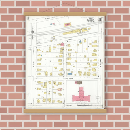 Old map wall art mockup — magnetic wood frame on brick wall — Sanborn Fire Insurance Map from Sturgis, Saint Joseph County, Michigan (1923), Sheet #0008
