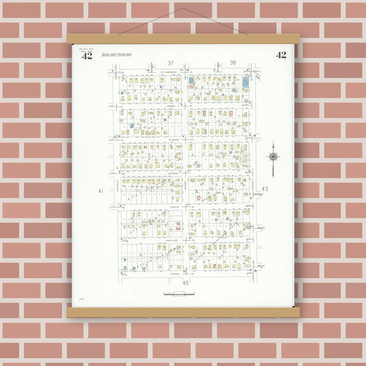 Old map wall art mockup — magnetic wood frame on brick wall — Sanborn Fire Insurance Map from Beloit, Rock County, Wisconsin (1939), Sheet #0042