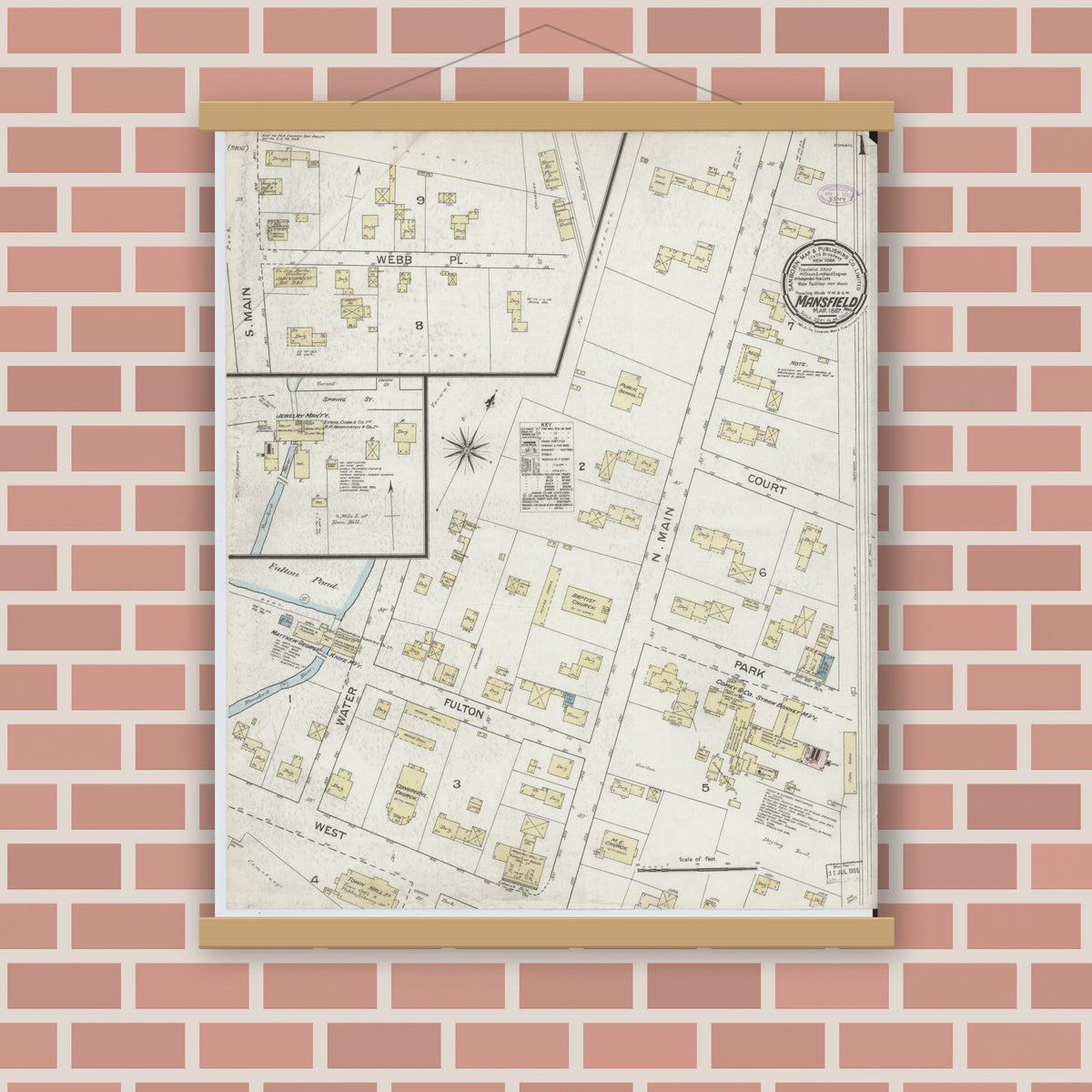 Old map wall art mockup — magnetic wood frame on brick wall — Sanborn Fire Insurance Map from Mansfield, Bristol County, Massachusetts (1887) - Complete Map Set