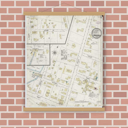 Old map wall art mockup — magnetic wood frame on brick wall — Sanborn Fire Insurance Map from Mansfield, Bristol County, Massachusetts (1887) - Complete Map Set