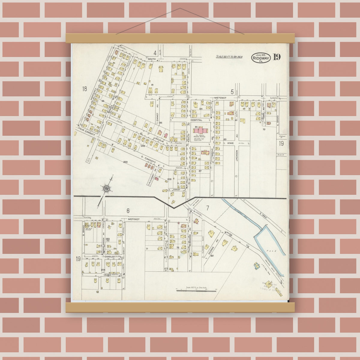 Old map wall art mockup — magnetic wood frame on brick wall — Sanborn Fire Insurance Map from Ridgway, Elk County, Pennsylvania (1915), Sheet #0019
