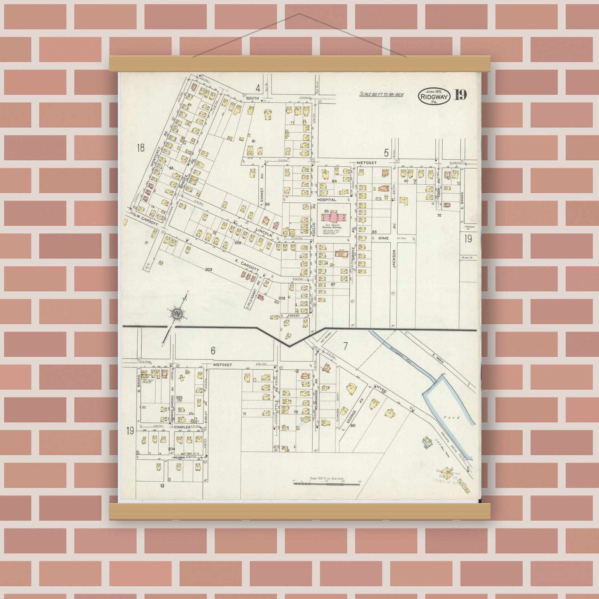 Old map wall art mockup — magnetic wood frame on brick wall — Sanborn Fire Insurance Map from Ridgway, Elk County, Pennsylvania (1915), Sheet #0019
