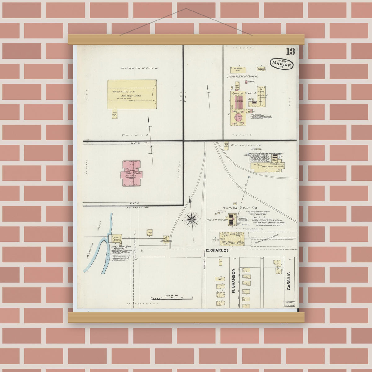 Old map wall art mockup — magnetic wood frame on brick wall — Sanborn Fire Insurance Map from Marion, Grant County, Indiana (1890), Sheet #0013