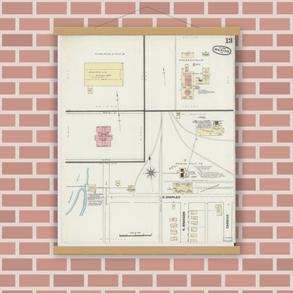 Old map wall art mockup — magnetic wood frame on brick wall — Sanborn Fire Insurance Map from Marion, Grant County, Indiana (1890), Sheet #0013