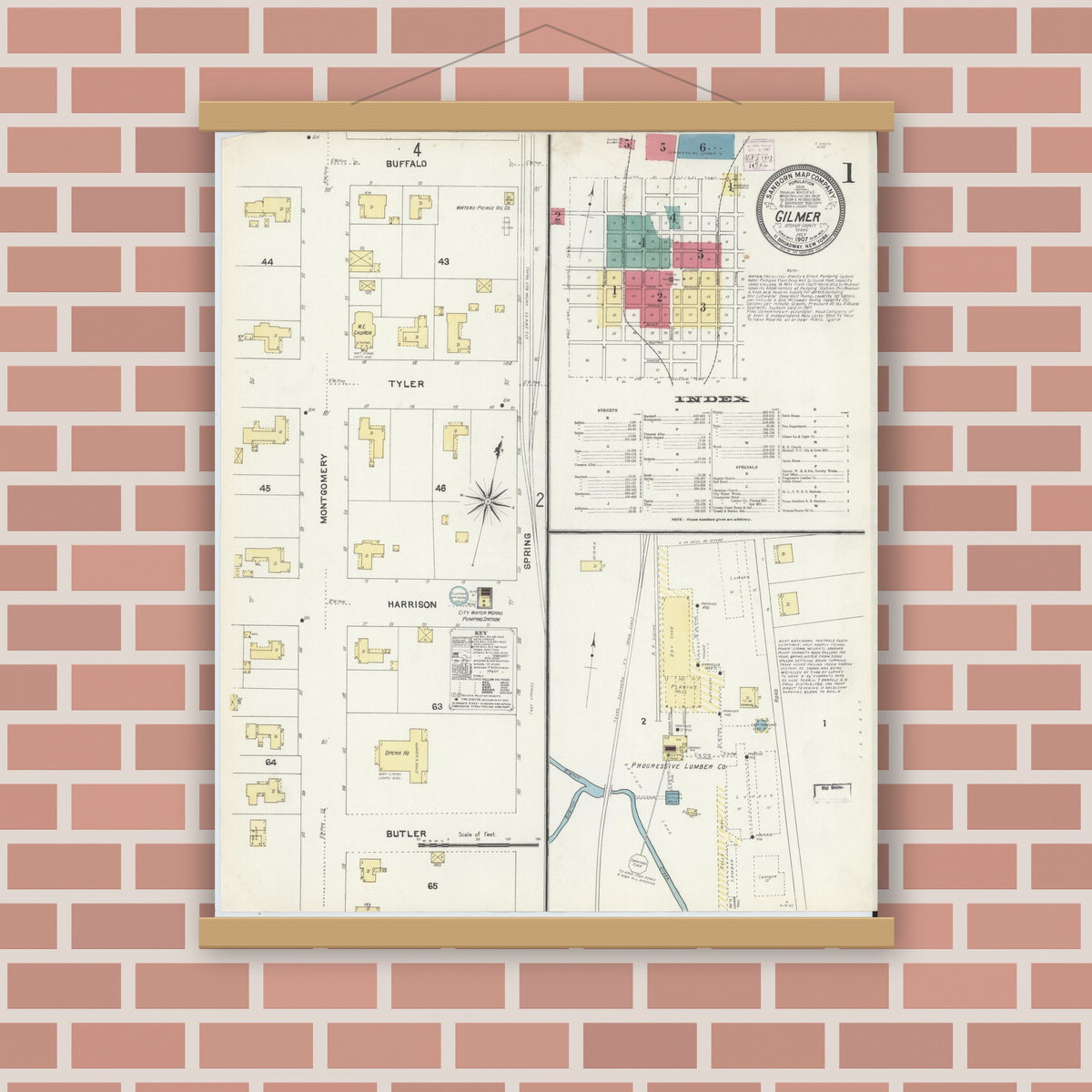 Old map wall art mockup — magnetic wood frame on brick wall — Sanborn Fire Insurance Map from Gilmer, Upshur County, Texas (1907), Sheet #0001